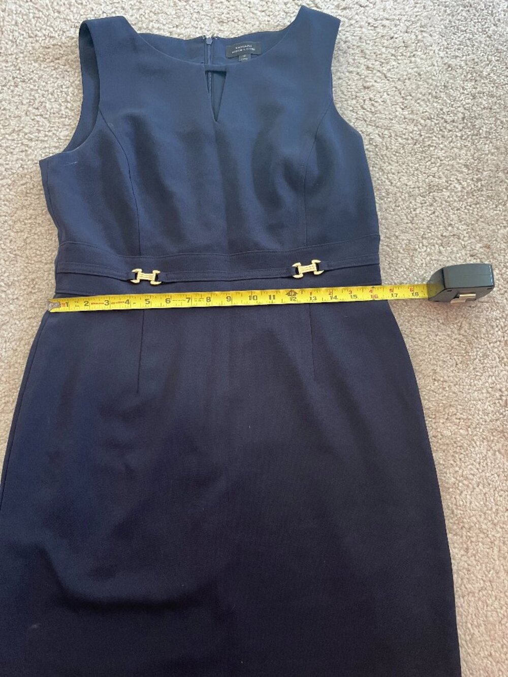 Tahari Arthur S. Levine Navy Sheath Dress Size 10 Gold Hardware Career Work